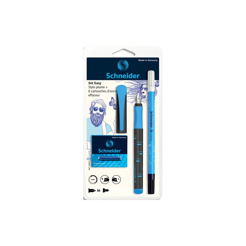 SCHNEIDER Set stylo plume Easy Bleu et 5 cartouches standards Bleu