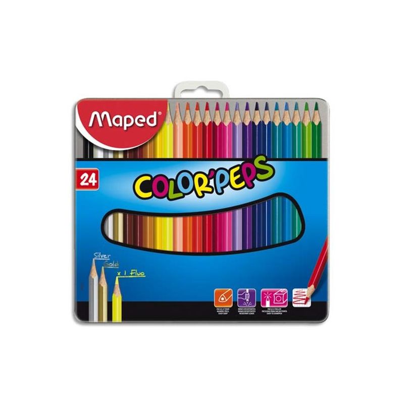 MAPED Boîte métallique de 24 crayons de couleur assortis