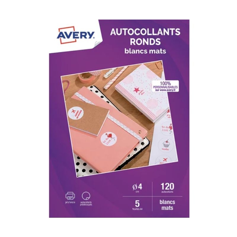 AVERY Sachet de 120 autocollants ronds blanc mat. Diamètre 4cm. Impression jet d'encre