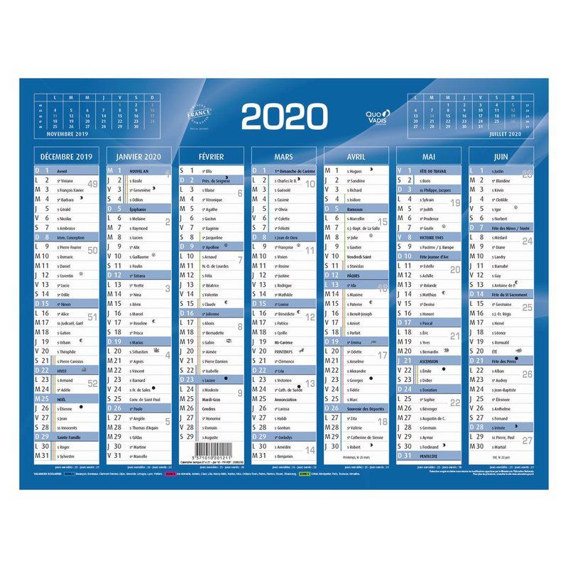  QUO VADIS Calendrier 7 mois par face avec vacances scolaires en haut, format 55 x 40,5 cm Bleu