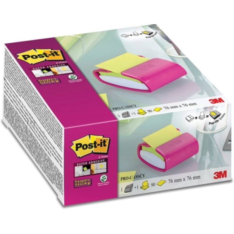 POST-IT Dévidoir z-notes Super Sticky Post-it® PRO Fuchsia + 1 bloc Vert néon 76x76 mm, 90 feuilles