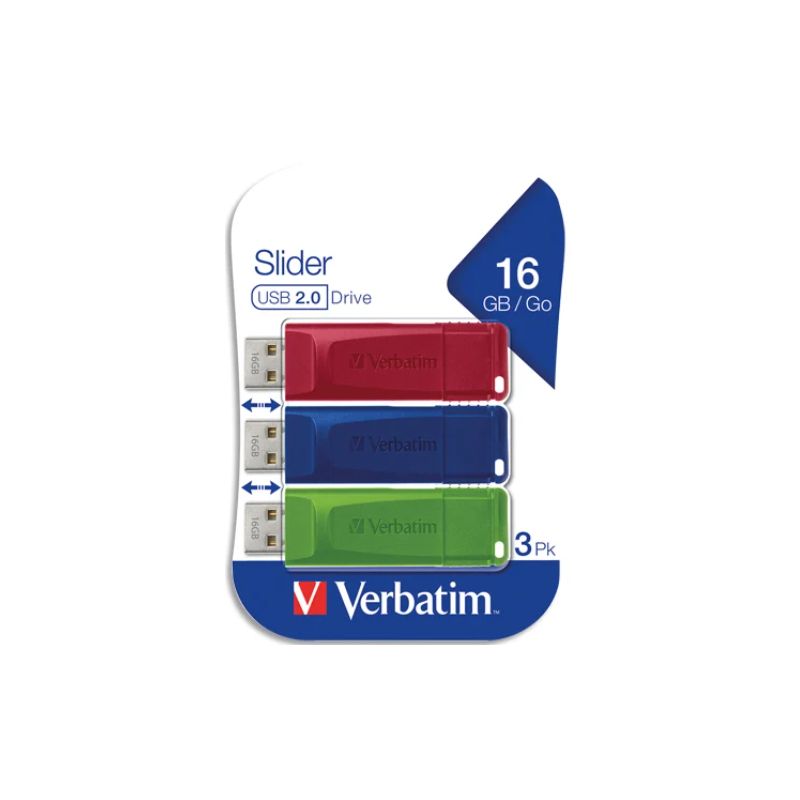 VERBATIM Pack de 3 clés USB 2.0 16Go Rouge/Bleue/Verte rétractable 49326