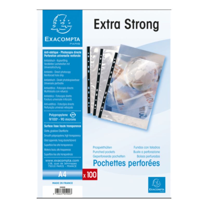 EXACOMPTA Boîte de 100 pochettes perforées A4 en polypropylène lisse 9/100e cristal