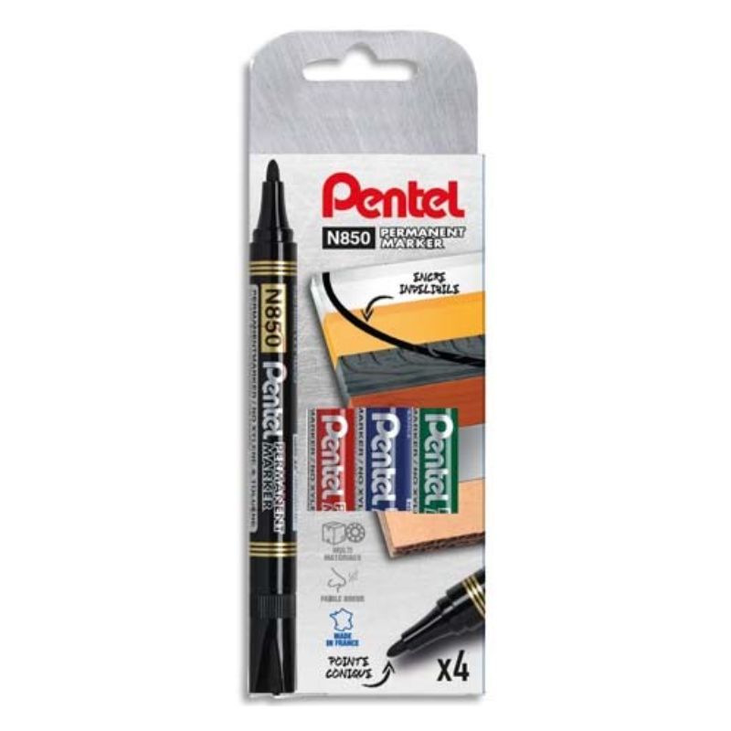 PENTEL Pochette de 4 Marqueurs permanent N850 Pointe ogive - Assortis Noir, Bleu, Rouge, Vert