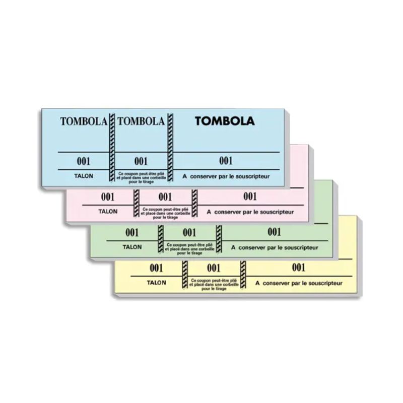 EXACOMPTA Bloc tombola 100 feuillets numérotés 4,8x15cm. 3 volets détachables. Coloris assortis