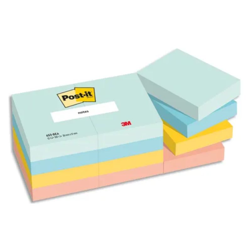 POST-IT® Notes Beachside 38 x 51 mm. Lot de 12 blocs, 100 F. Ass : vert, bleu, jaune, orange, rose.