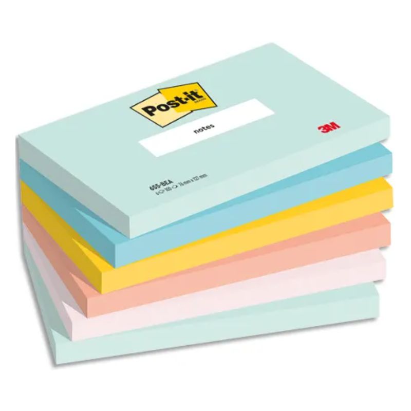 POST-IT® Notes Beachside 76 x 127 mm. Lot de 6 blocs, 100 F. Ass : vert, bleu, jaune, orange, rose.