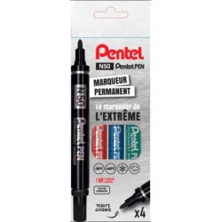 PENTEL Pochette de 4 Marqueurs permanent N50 Pointe ogive - Assortis Noir, Bleu, Rouge, Vert