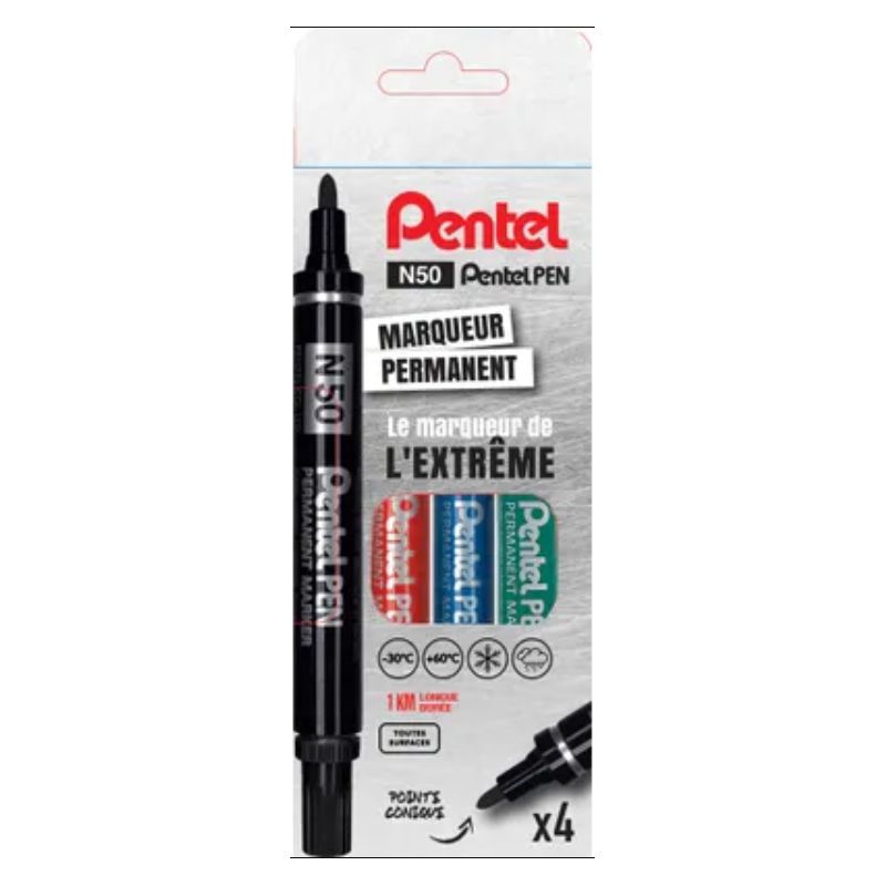 PENTEL Pochette de 4 Marqueurs permanent N50 Pointe ogive - Assortis Noir, Bleu, Rouge, Vert