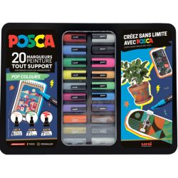 POSCA Mallette POP COLOURS de 20 marqueurs peinture. 3 pointes PC1MC, PC3MC et PC5M. Couleurs assorties