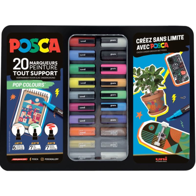 POSCA Mallette POP COLOURS de 20 marqueurs peinture. 3 pointes PC1MC, PC3MC et PC5M. Couleurs assorties