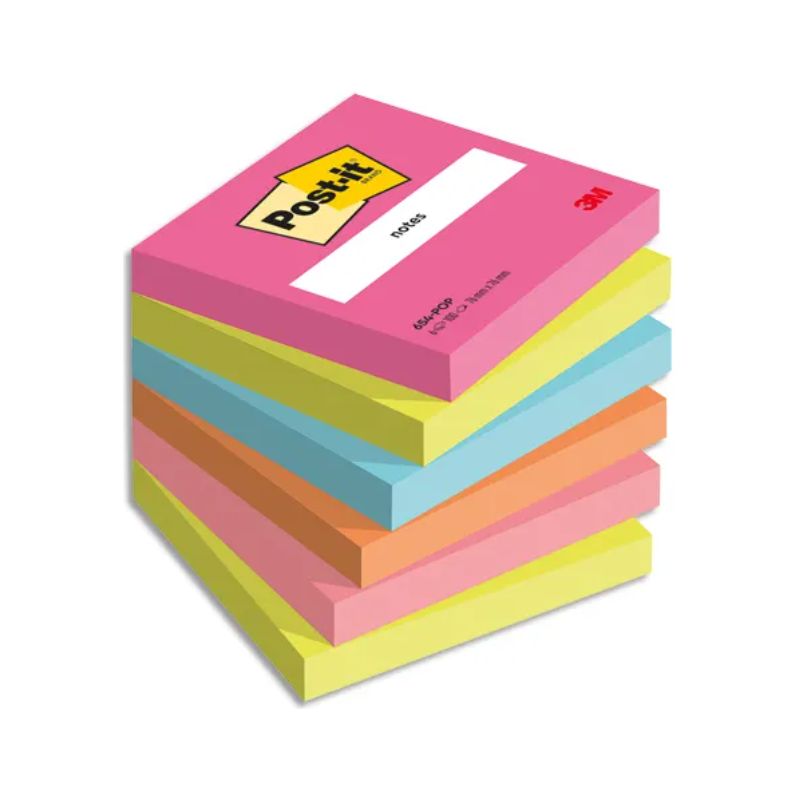 POST-IT® Notes Post-it Poptimistic. 76 x 76 mm. 6 blocs de 100 feuilles. Ass : rose, vert, bleu, orange.